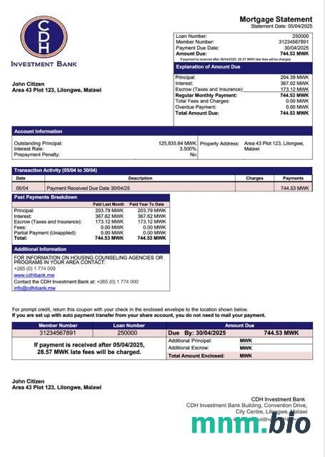 Malawi CDH Investment Bank wyciąg z kredytu hipotecznego szablon Word i PDF